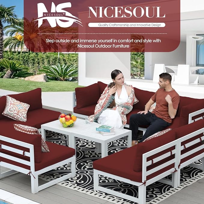 NICESOUL 10 Piece Modern Aluminum Patio Furniture Set, 500 lbs Heavy Duty Durable Outdoor Sectional Sofa, 29" Deep Wide Oversized Seating, L Shaped Comfortable Conversation Couch for Outside Deck, Red