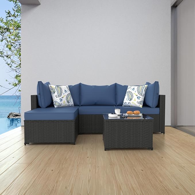 Patio Furniture Set, 5PCS Patio Sectional with Ottoman Wicker Rattan Outdoor Furniture with Thickened Cushion Modular Wicker Patio Conversation Set with Glass Top Table for Balcony, Backyard(Blue)