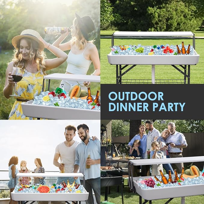 CDEN 4 ft ice Cooler Table, Outdoor Folding ice Table, Portable Cooler Table, ice Table, with Sink and Drain, with Removable Skirt (White)