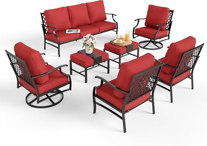MIXPATIO Patio Furniture Set 7 pcs, Outdoor Patio Furniture, 3-Seat Sofa, 2 Single Chairs, 2 Swivel Chairs, 2 Ottomans and 5.75" Extra Thick Cushion, Patio Conversation Set for Backyard Deck,Red