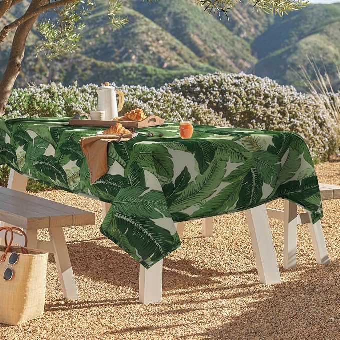 DYTXIII Outdoor Rectangle Tablecloth with Umbrella Hole and Zipper 84" x 60", Water Repellent Floral Picnic Cover, Fade & Wrinkle Resistant Tablecloth for Patio/Garden/Party Table, Palms Green