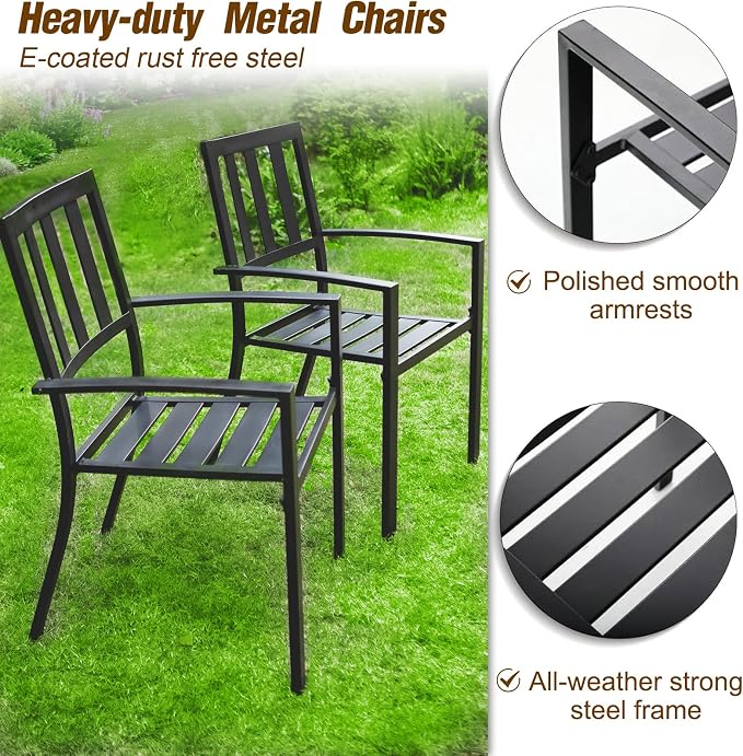 PHI VILLA 7 Pcs Patio Dining Set w/Umbrella&6 Stackable Chairs | 60” Rectangular Metal Dining Table & 6 Stackable Metal Chairs & 13ft Large Red Umbrella for Outdoor, Deck, Yard, Porch