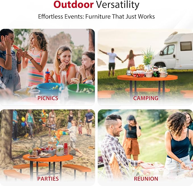 Leisure Craft Metal Picnic Table with Bench - 46" Round Outdoor Dining Table with Umbrella Hole, Heavy Duty Thermoplastic Coating, ADA Compliant, Commercial Grade Furniture Made in USA - Orange
