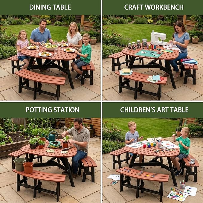 6-Person Outdoor Clover Triangle Wooden Picnic Table with 3 Build-In Benches,500 LBS Capacity Camping Dining Table with Umbrella Hole,Weather Resistance and Rot-Resistant Outside Table Set for Patio