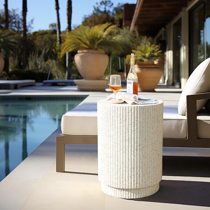 LuxenHome Cream Cement Round Outdoor Side Table, End Tables for Patio, Garden Small Accent Decorative Stool, Plant Stand Drum Table Indoor and Outdoor