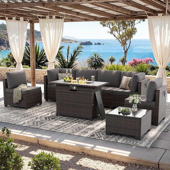 Soohow 8 Piece Patio Furniture Set with 44" Fire Pit Table, Outdoor Sectional Wicker Rattan Conversation Set for Garden, Porch, Backyard - Grey Cushions