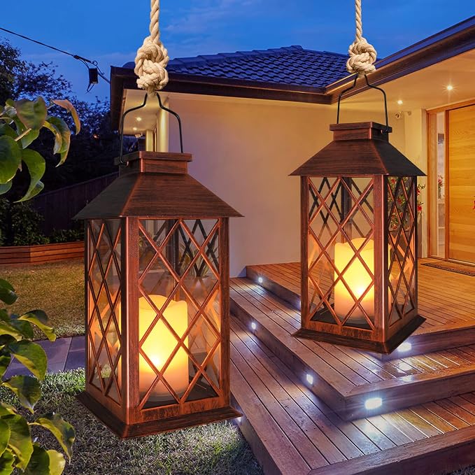 14" Solar Lanterns Outdoor Garden Lantern Waterproof LED Flickering Flameless Candle Mission Lights for Table,Outdoor,Party