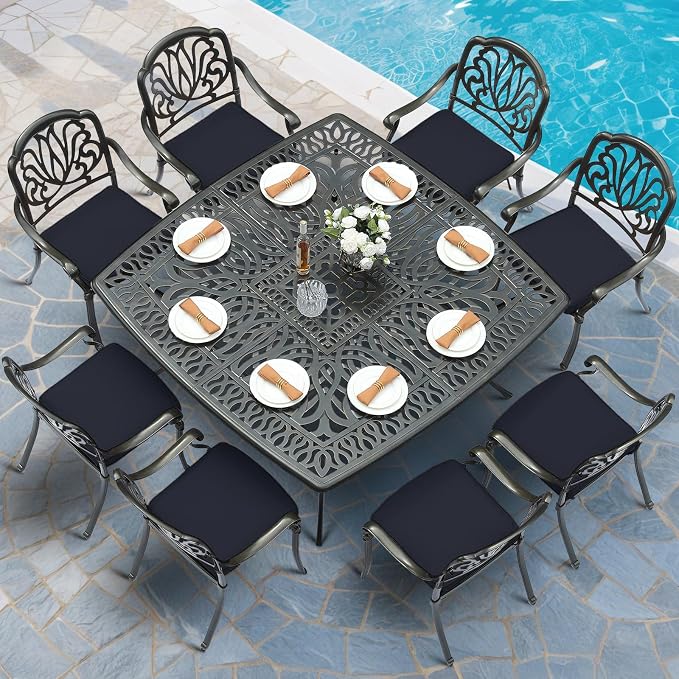 MEETWARM 9-Piece Outdoor Furniture Dining Set for 8, All Weather Cast Aluminum Patio Dining Set- Large 64" Square Table with Umbrella Hole and 8 Cushioned Chairs, Patio Table and Chairs Set, Navy Blue