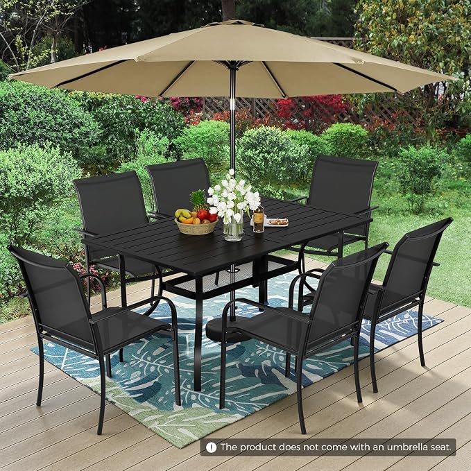 7-Piece Patio Dining Set with Umbrella,6 Person Outdoor Table and Chairs Set, 6 Metal Dining Chairs and Rectangular Outdoor Table with 1.57" Umbrella Hole,Black