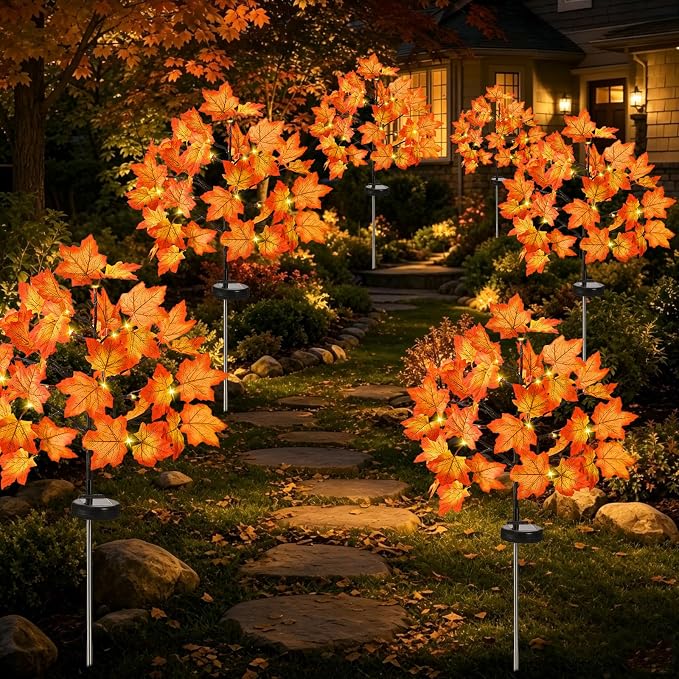 Fall Decorations Outdoor Solar Lights, 2Pcs Thanksgiving Lights 40LED 80 Maple Leaves Stake Light Waterproof 8 Lighting Modes for Autumn Patio Garden Yard Outside Halloween Thanksgiving Decorations