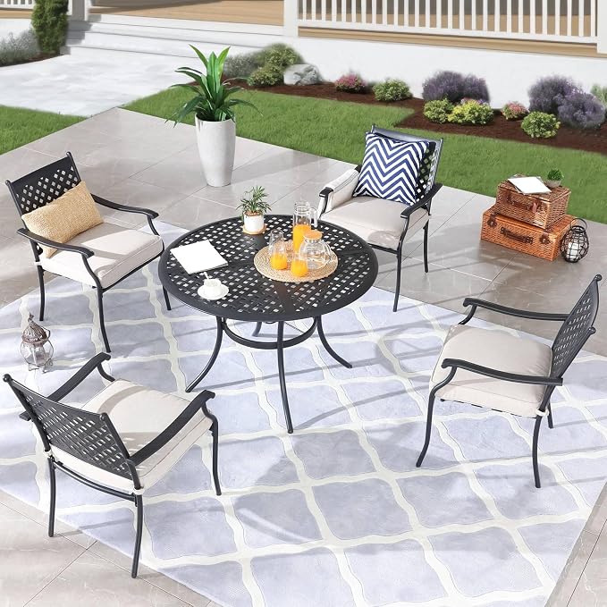 5-Piece Patio Dining Set Heavy Duty Outdoor Dining Furniture Set,Indoor Outdoor Dining Sets with Round Tabletop,4 Stackable Chairs