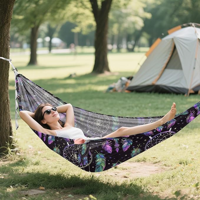 Camping Hammock Outdoor Hammocks for Outside Purple Feather Dreamcatcher Beach Trees Portable Lightweight with Pockets Tree Straps Indoor