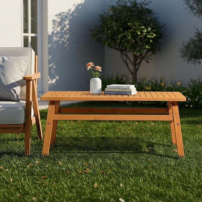 42" Farmhouse Patio Side Tables,Solid Cedar Wood Accent Table,Patio Rectangle Cocktail End Tables,Outdoor Wood Coffee Table,with Slatted Tabletop,for Garden Poolside Lawn Living Room (Teak Finish)