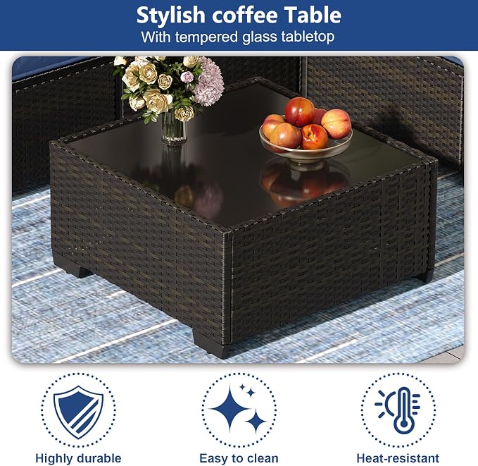 JOYURE 5 Pieces Patio Furniture Set, Outdoor Sofa with Waterproof Cushions, Rattan L Shaped Patio Couch & Coffee Table, Modern Outdoor Furniture for Backyard, Deck, Balcony – Navy