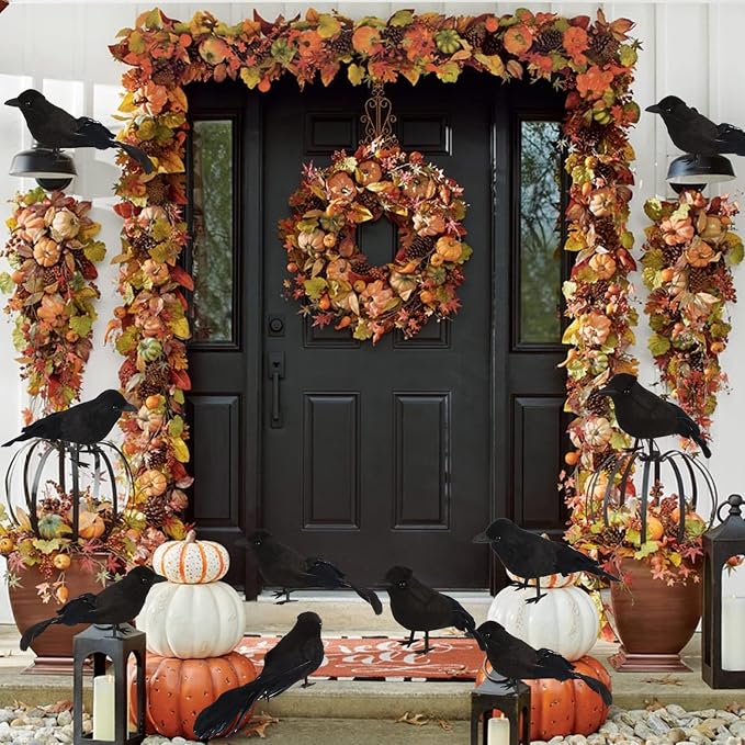 KIMOBER 6PCS Halloween Crows,Realistic Black Feathered Crows Ravens Birds for Halloween Party Indoor Outdoor Decorations