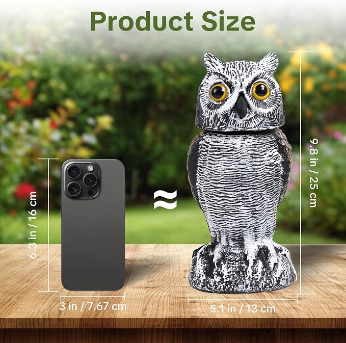 OFFO Fake Owl, Owl Statue for Garden and Yard Decoration, Weatherproof Plastic Rotating Head Outdoor Owl Decor for Porch Pool Patio Yard, 10-Inch Height, Short Ear Owl