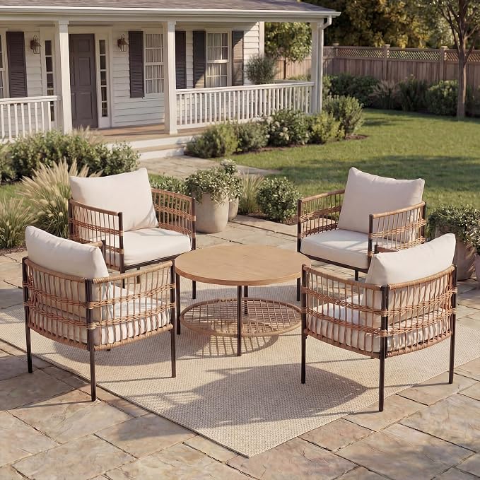 LAUSAINT HOME 5-Piece Outdoor Patio Furniture, All-Weather Wicker Patio Conversation Set with Thick Cushions and 2-Tier Coffee Table for Patio, Balcony, Backyard, Beige