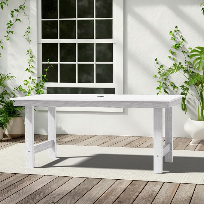 KINGYES All Weather Outdoor Dining Table with Umbrella Hole, HDPE Rectangular Patio Table for Backyard, Garden, Porch, Deck, White