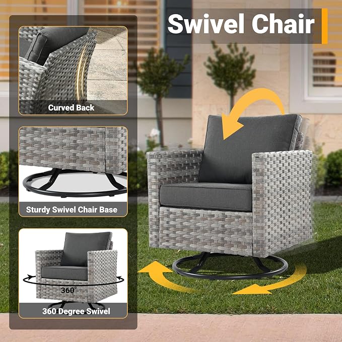 CAODOC 16 Pieces Patio Furniture Conversation Set with 42" Fire Pit Table Rocking Chair Outdoor Sectional Gray Wicker Sofa Set