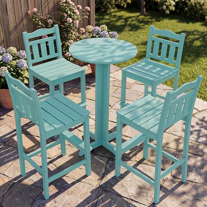Outdoor Bar Stools Set of 4, HDPE Adirondack Bar Chairs with Backs, All-Weather High Top Patio Chairs, Heavy Duty Armless Bar Height Chair for Balcony, Garden, Deck (Aruba Blue, 4pcs Set)