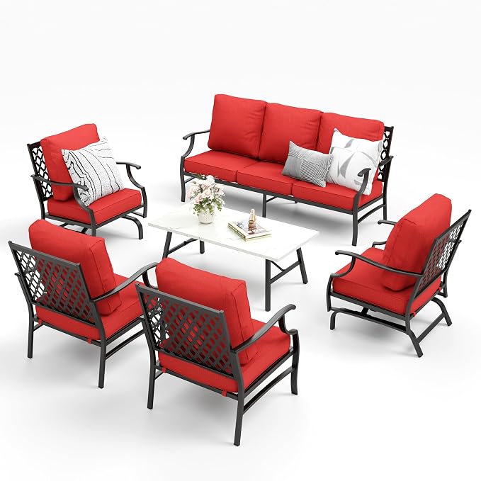 MIXPATIO Patio Furniture Set 6 pcs, Outdoor Patio Furniture, 1 X 3-Seat Sofa, 2 X Single Chairs, 2 X Rocker Chairs, 1 X Coffee Table and 5.75" Extra Thick Cushion, Patio Conversation Set,Red