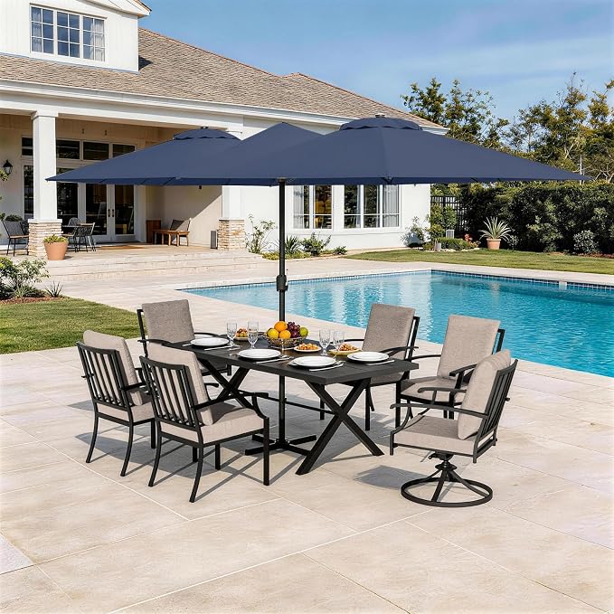 Patio Dining Set for 8 with 13.6ft Double-Sided Patio Umbrella,Outdoor Dining Set of 4 Metal Chairs and 2 Swivel Chairs with Umbrella Hole Table for Backyard,Garden,and Poolside(Brown)
