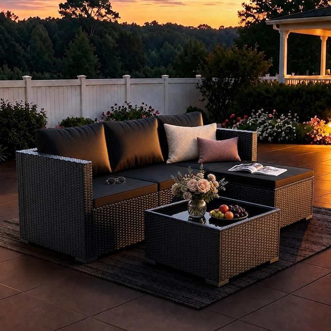 WWR Patio Furniture Set 5 Piece - Wide Armrests - All-Weather Wicker Rattan Outdoor Conversation Couch Sets, Modular Sectional Sofa for Garden, Patio, Poolside, Backyard, Balcony, Porch