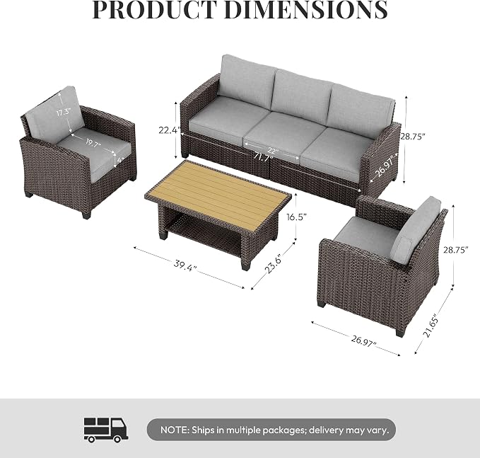 WWR Patio Furniture Set-30% Thicker Wicker-Luxury 4 Piece All-Weather Outdoor Conversation Armchair, Swivel Rocking Chairs, Modular Rattan Sectional Loveseat & 3-Seat Sofa for Backyard, Garden, Porch
