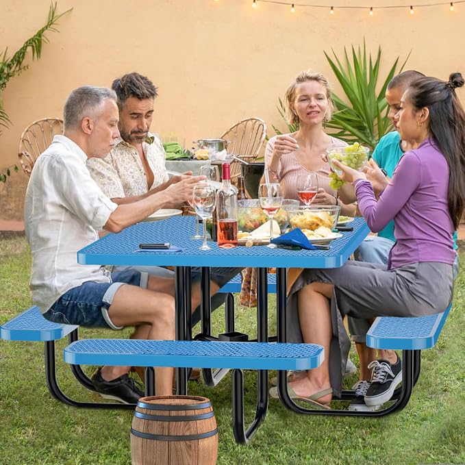 46IN Square Outdoor Picnic Table with Attached Seats, Heavy-Duty Metal Expanded Mesh Patio Table, 1600LBS Load Capacity Commercial-Grade Table for Park, Backyard, Deck, Blue