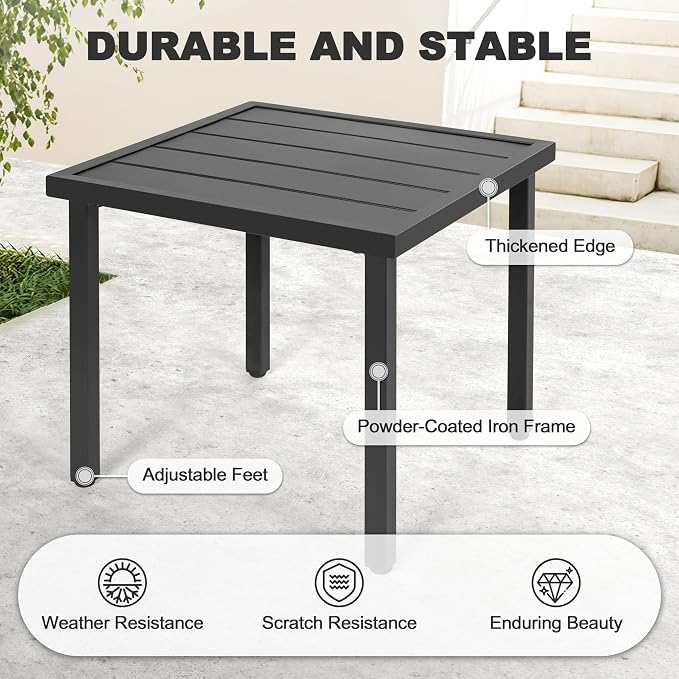 NUU GARDEN Outdoor Patio Side Table, Metal Side Table, Black | Features a slatted tabletop, adjustable feet and powder-coated metal construction for outdoor use and easy maintenance.