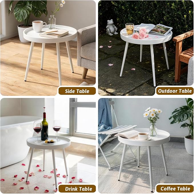 Small Round Side Table - Outdoor Indoor Metal Side Table with Anti-Fall Fence - Small Coffee Drink End Tables for Patio, Living Room Bedroom Porch -White