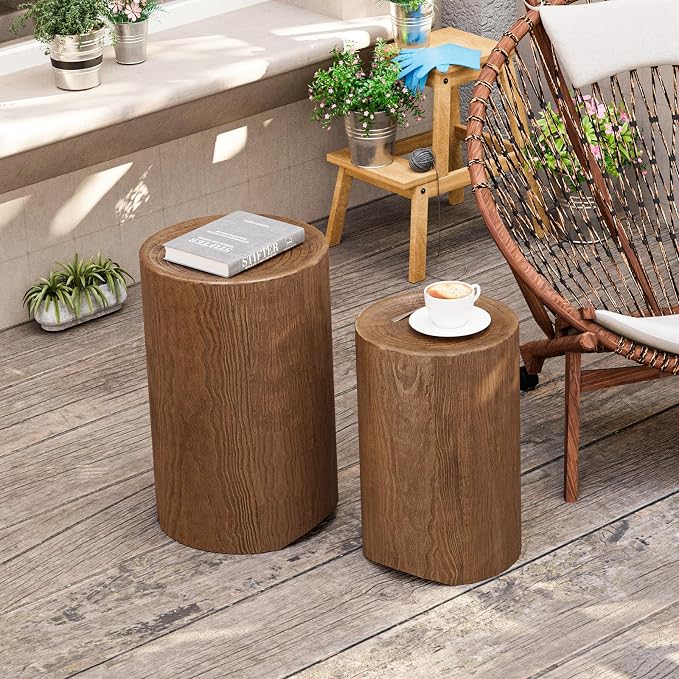 HOMPUS Outdoor Concrete Side Table Set of 2, Outdoor Nesting Table Round w Faux Wood Modern Vintage MgO, Lightweight Functional Patio Accent Table for Indoor Outside, Garden, Deck, Poolside, Brown