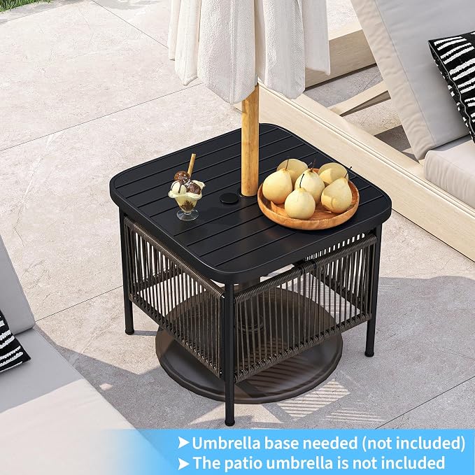 Tangkula Outdoor PE Rattan Side Table with 1.57” Umbrella Hole, Square Patio End Table with Metal Frame, Small Bistro Coffee Table for Porch, Balcony, Garden and Backyard (1)