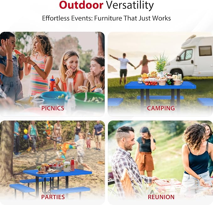 Leisure Craft Metal Picnic Table with Bench - 46" Square Outdoor Dining Table with Umbrella Hole, Heavy Duty Thermoplastic Coating, ADA Compliant, Commercial Grade Furniture Made in USA - Blue