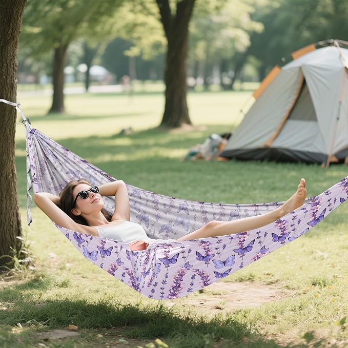 Camping Hammock Outdoor Hammocks for Outside Purple Butterfly Lavender Flower Beach Trees Portable Lightweight with Pockets Tree Straps Indoor