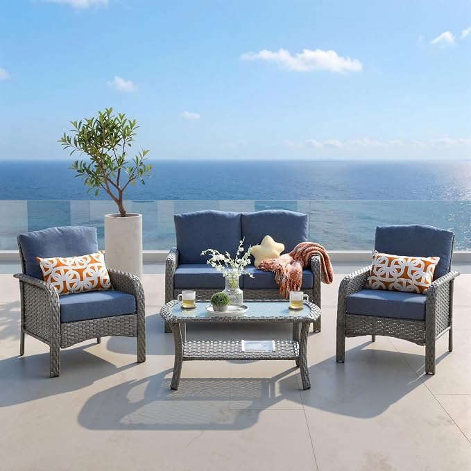 4-Piece Patio Furniture Set, Outdoor Wicker Furniture with Coffee Table, All Weather High Back Loveseat Patio Chairs, Modern Rattan Outdoor Chairs Conversation Set for Porch, Garden,Denim Blue