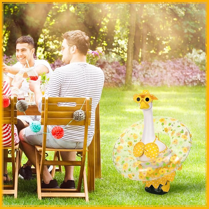 23 Inch Summer Porch Goose Outfit for Cement Goose Statue, Yellow | Summer Hawaiian Style, Bow, Sunglasses, Hat & Swim Ring, Fits 23 Inch Cement Goose, for Garden Patio Yard Outdoor Decor