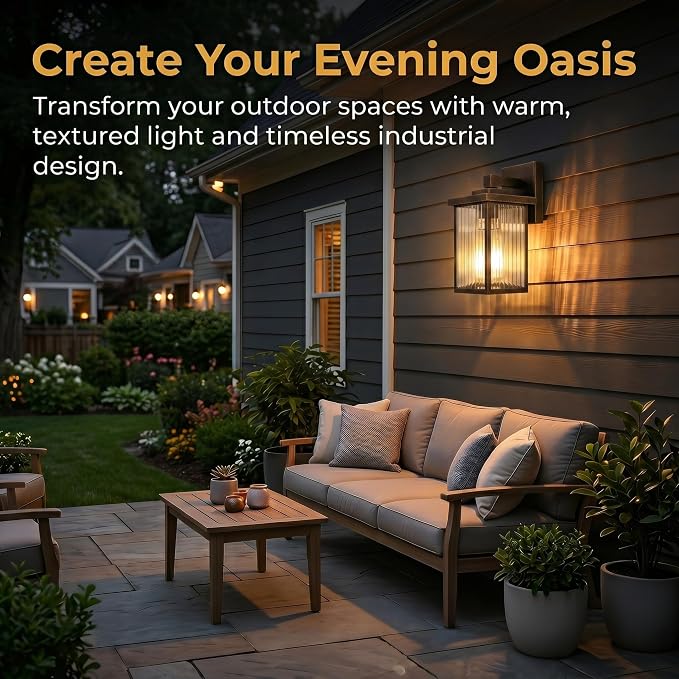 2 Pack Black Brush Gold Porch Light, Waterproof Outdoor Wall Light | Corrosion-Resistant Metal, Waterproof, Textured Glass Cuts Glare, Easy DIY Install on Porch, Garage