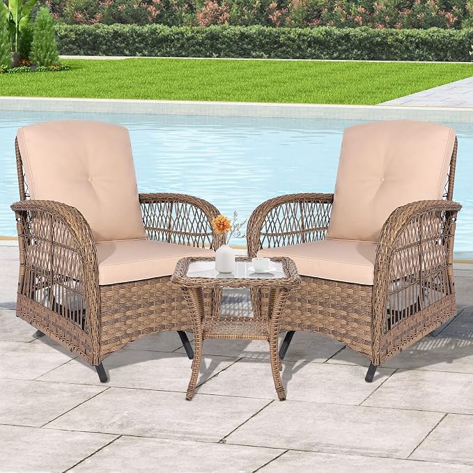 3-Piece Patio Wicker Conversation Bistro Set, All-Weather Gliding Rocking Chairs with Thickened Cushions and Glass Top Table, Outdoor Rattan Furniture Sets for Balcony Porch Garden