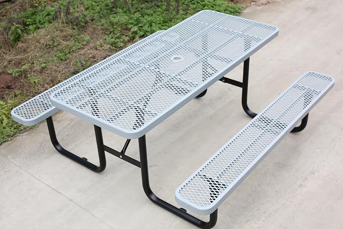 Picnic Tables for Outdoors,Commercial Metal Picnic Table Bench Set with Umbrella Hole,School Canteen Tables W/Seats - Heavy Duty Sturdy Picnic Tables Furniture for Patio Garden (Grey, 6FT)