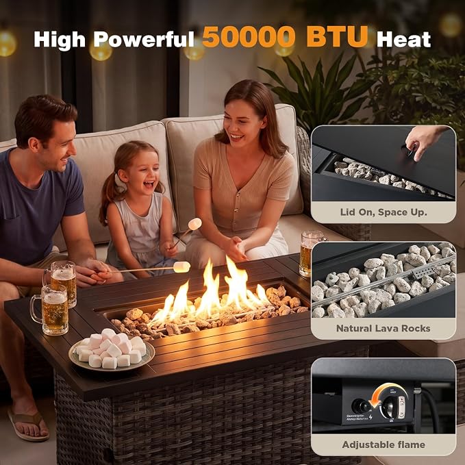 Belord Patio Wicker Swivel Rocker Patio Chairs with 3-Seater Sofa and Propane Fire Pit Table, Outdoor Furniture Set for Deck Porch Poolside, 7 Piece Patio Conversation Furniture Set,Beige