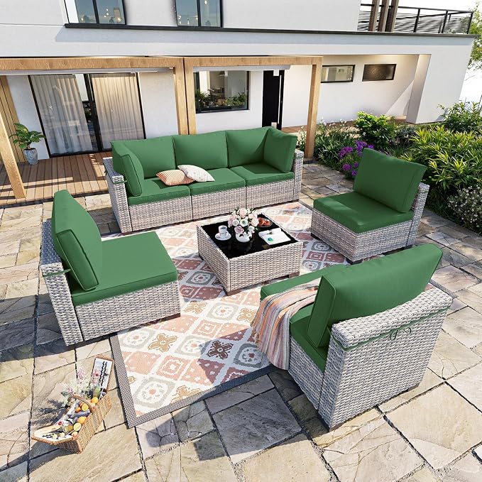 7-Piece Patio Furniture Set, Outdoor Sectional with Thick Cushions, Modular Patio Sofa, Dual-Strand Wicker Rattan, Rust-Resistant Frame, Backyard Furniture for Garden, Deck, Dark Green