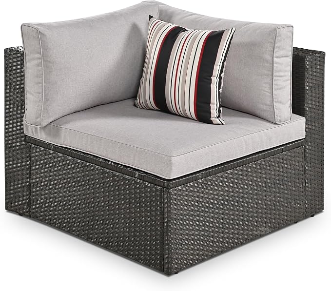 Merax 7-Piece Outdoor Wicker Sectional Sofa Set,Modular Rattan Conversation Set with Gray Cushions,Striped Green Pillows & Tempered Glass Coffee Table for Patio,Garden,Deck,Brown