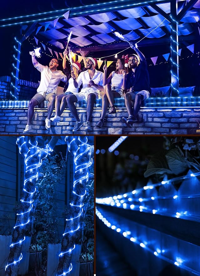 Brightown 39FT 100LED Solar Rope Lights Outdoor Waterproof, Blue | IP65 Solar Powered Fairy Lights with 8 Lighting Modes, Outdoor String Lights for Party Garden Yard Holiday Tree Decoration