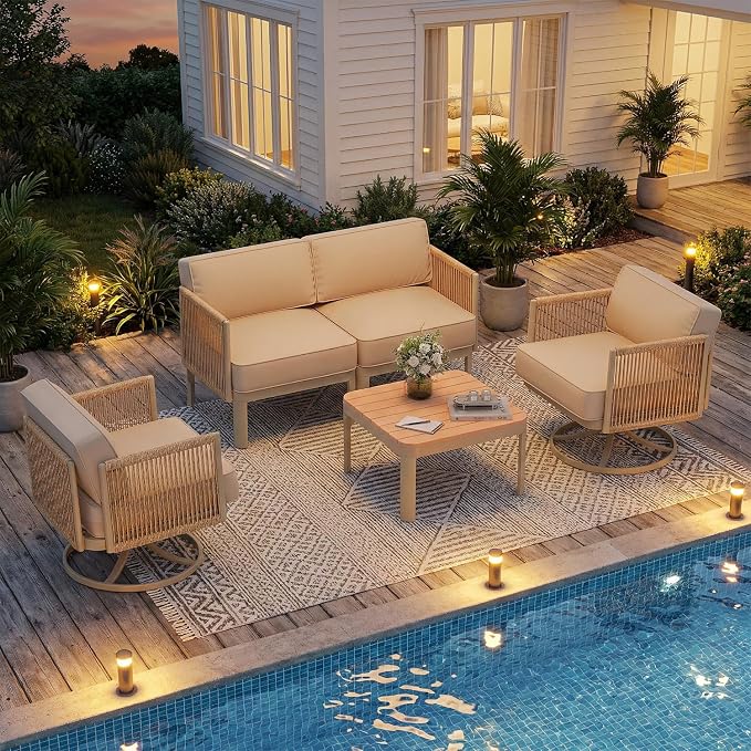 EROMMY 4 Piece Patio Furniture Set, Metal Frame Outdoor Swivel Glider Rocking Chairs with 6" Thick Cushions, Loveseat & Coffee Table, Patio Conversation Sets for Backyard, Poolside & Balcony, Beige