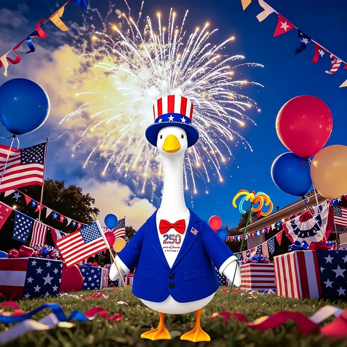 4th of July Porch Goose Outfit for 23 Inch Statue - Patriotic Uncle Sam Costume for 250th USA Anniversary, Sculpture Clothes in Red White Blue, Patriotic Decorations for Outdoor Yard Garden