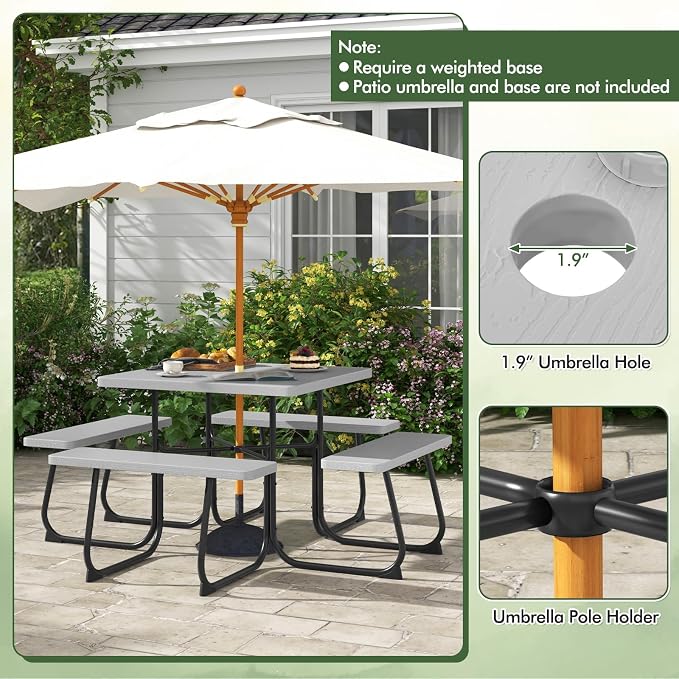 HAPPYGRILL 4-8 Person Square Picnic Table Bench Set with Umbrella Hole, Outdoor Camping Table with HDPE Material and Sturdy Metal Frame for Patio, Garden and Backyard, Gray