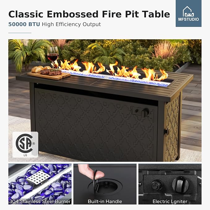 MFSTUDIO 8 Pieces Patio Furniture Sets with 45" Gas Fire Pit Table, Metal Outdoor Conversation Sofa Set with 1 x 3-Seat Sofa, 2 Single Chairs, 2 Rocking Chairs and 2 Ottoman, Peacock Blue Cushion