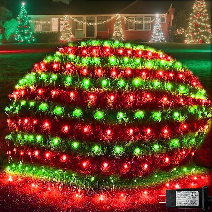 Pooqla Red and Green Christmas Net Lights Outdoor, 15x 5ft Green Wire | 300 LED Large Net Mesh Lights Plug in, 8 Modes Waterproof Connectable Bushes Lights for Christmas Hedge Yard Decor