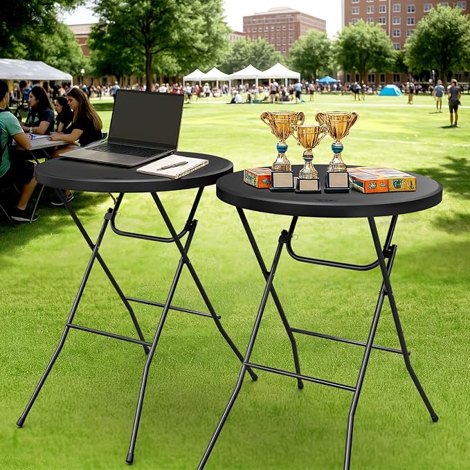 VINGLI 32" Plastic Folding Round Table Bar Height, HDPE Matrial with Gray Metal Finish, High Top Table for Outdoor Party, Cafes, Restaurants, Backyard, Dining Room, Wedding Event,1 Pack, Black